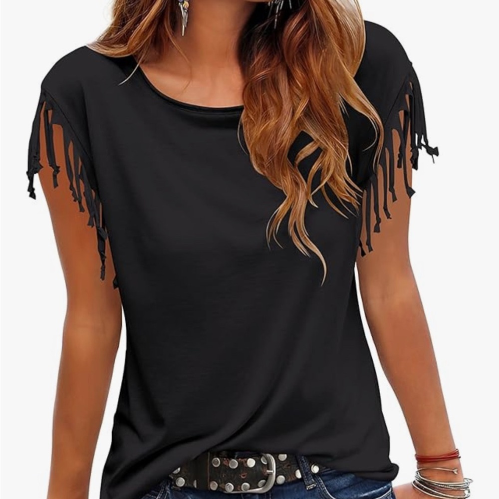 Fringe Sleeve Black Top